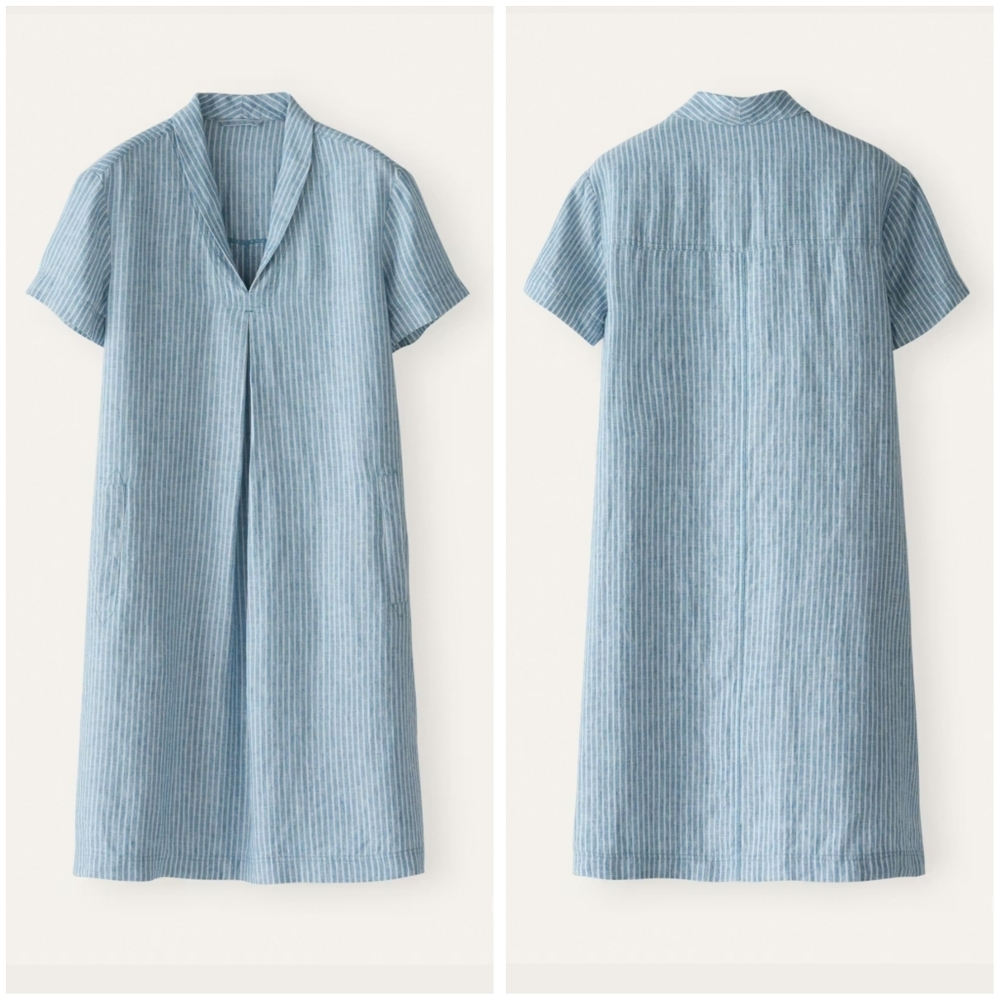 NWOT Poetry Blue White Striped Short Sleeve Linen Dress, Size 12